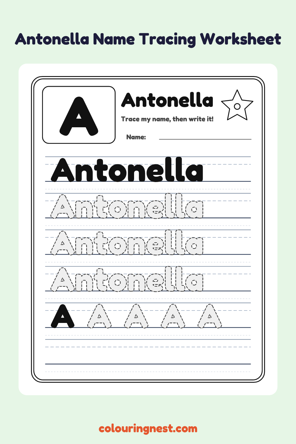 Antonella Name Tracing Worksheet: free printable black-and-white line art