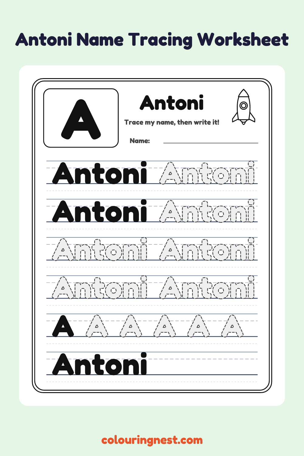 Antoni Name Tracing Worksheet: free printable black-and-white line art