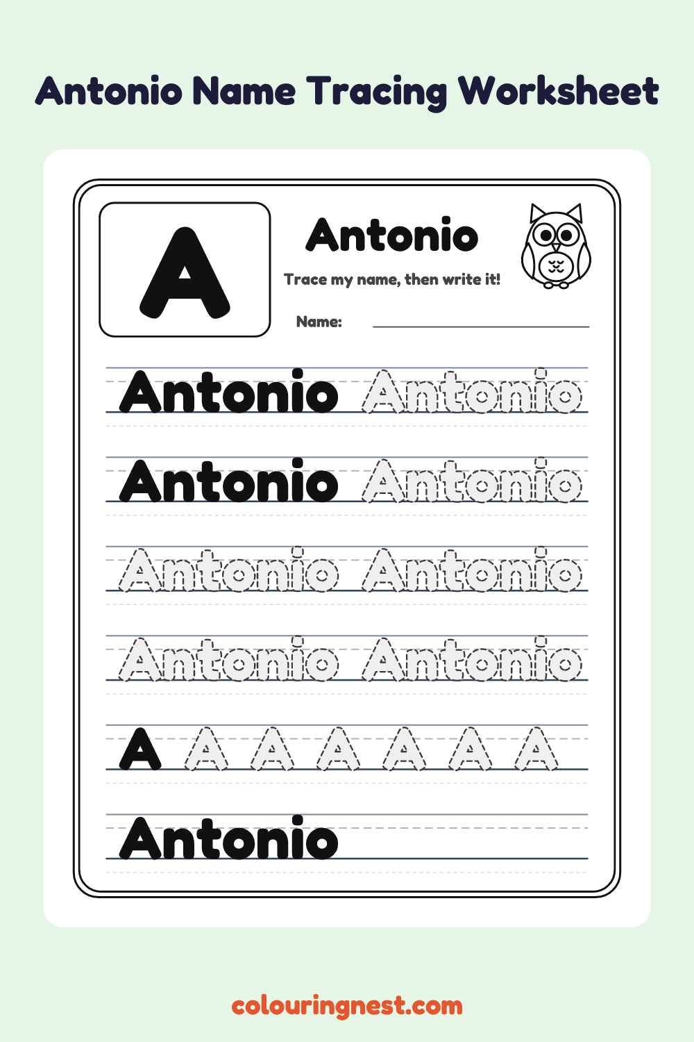 Antonio Name Tracing Worksheet: free printable black-and-white line art