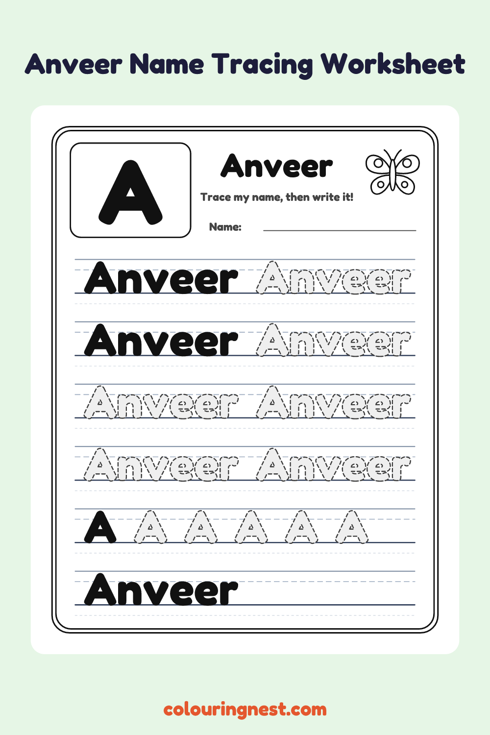 Anveer Name Tracing Worksheet: free printable black-and-white line art