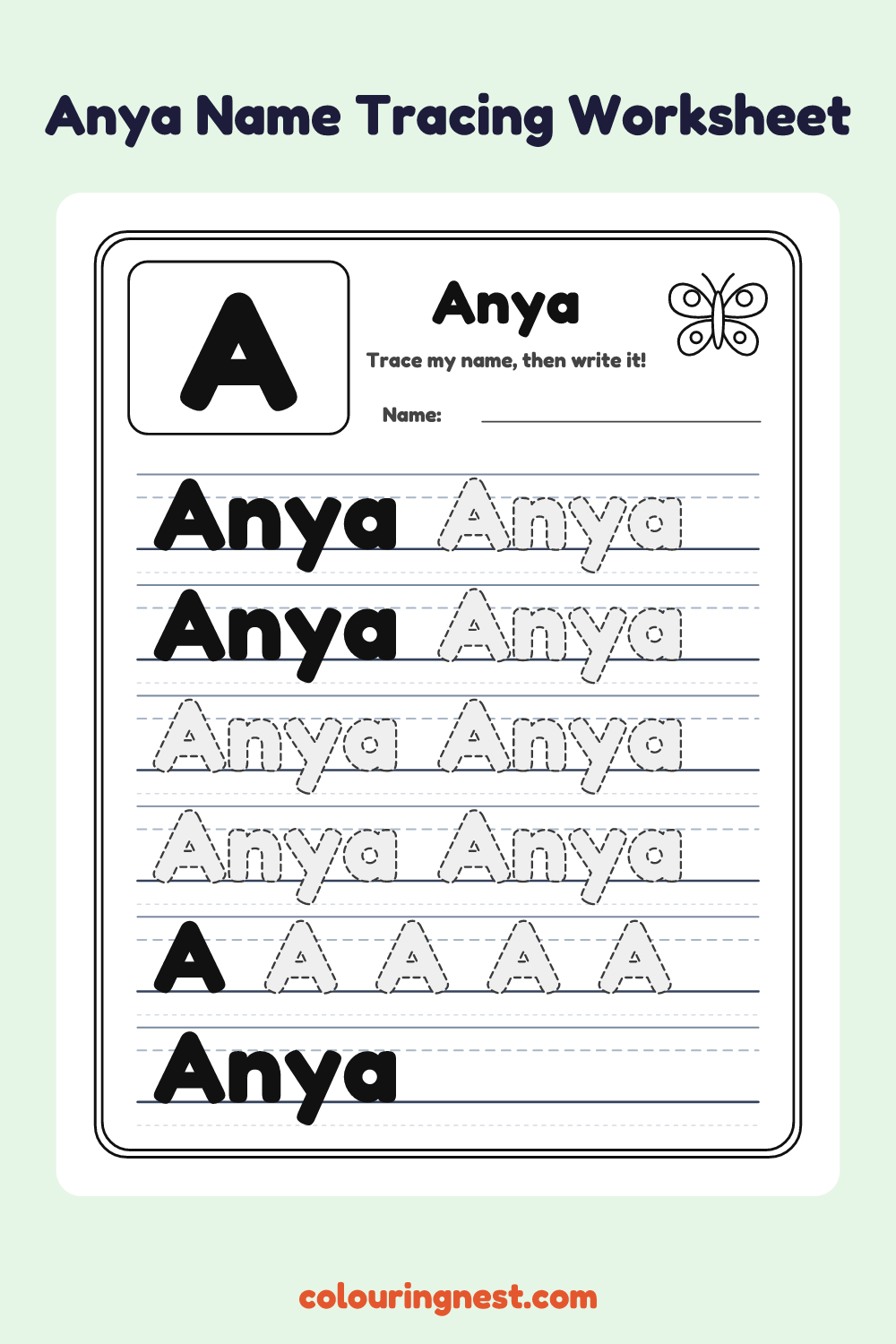 Anya Name Tracing Worksheet: free printable black-and-white line art
