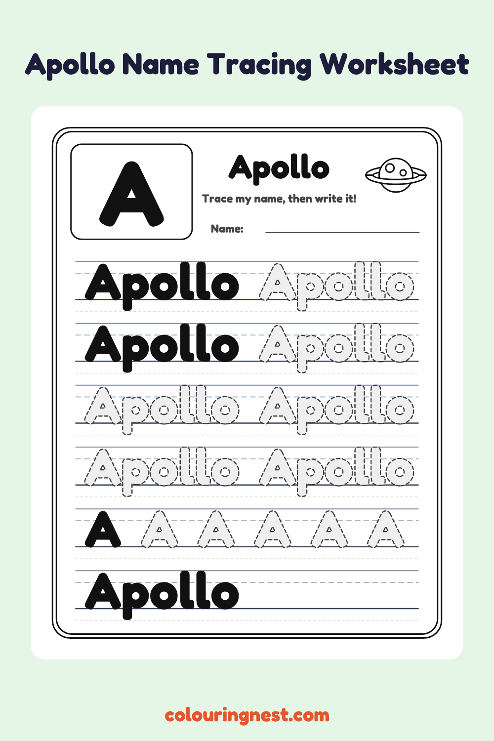 Apollo Name Tracing Worksheet: free printable black-and-white line art