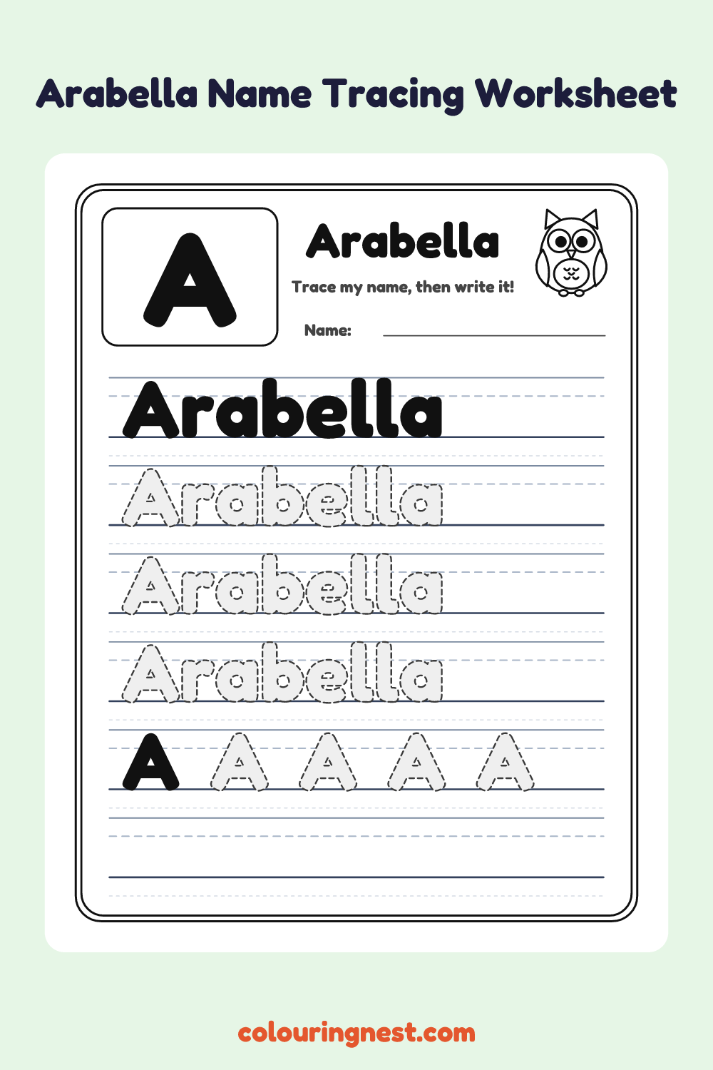 Arabella Name Tracing Worksheet: free printable black-and-white line art