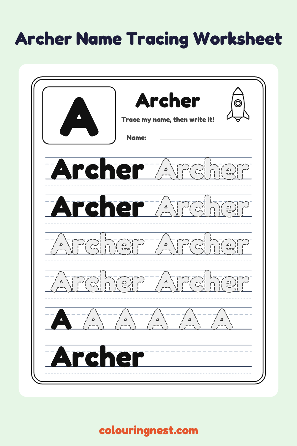 Archer Name Tracing Worksheet: free printable black-and-white line art