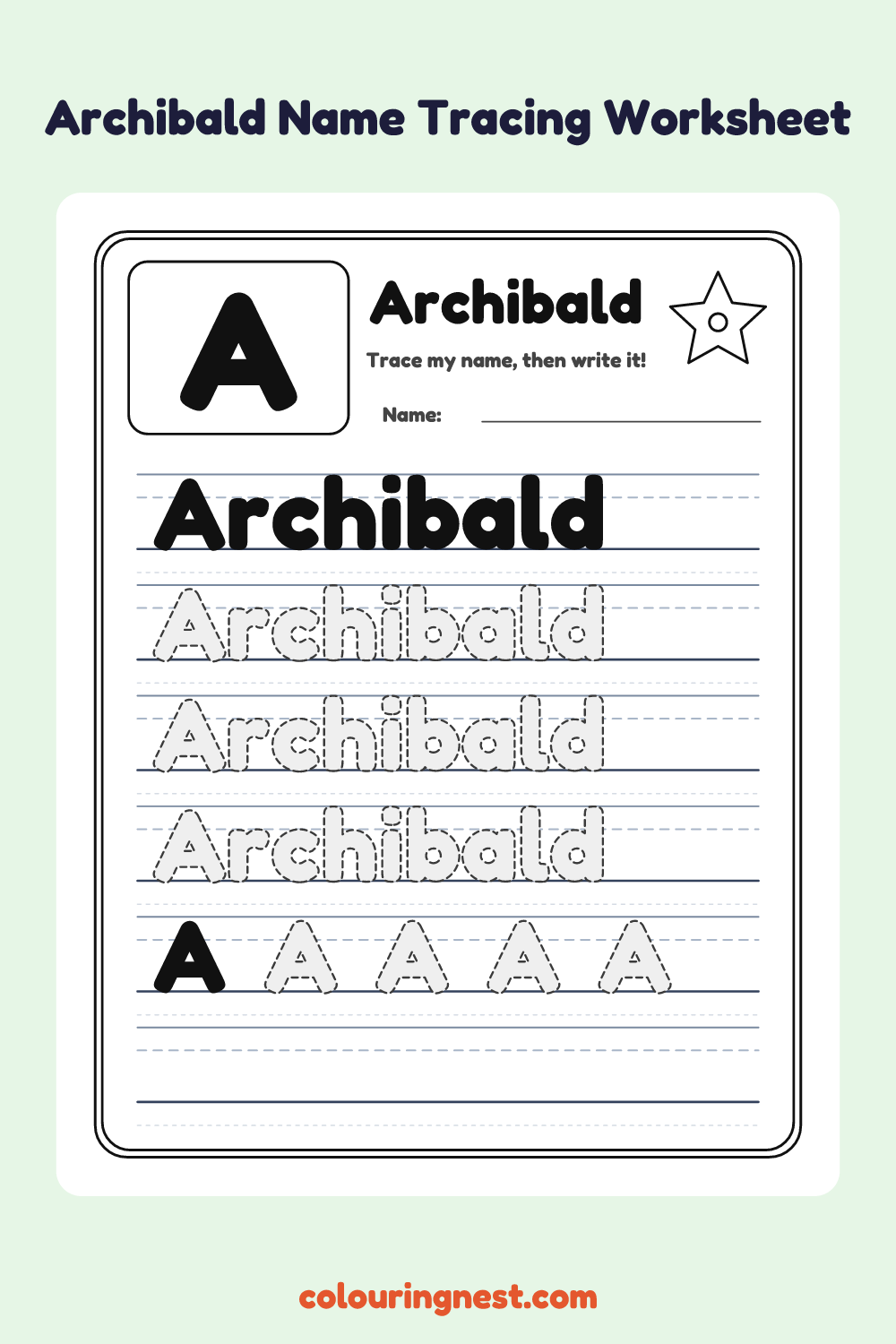 Archibald Name Tracing Worksheet: free printable black-and-white line art