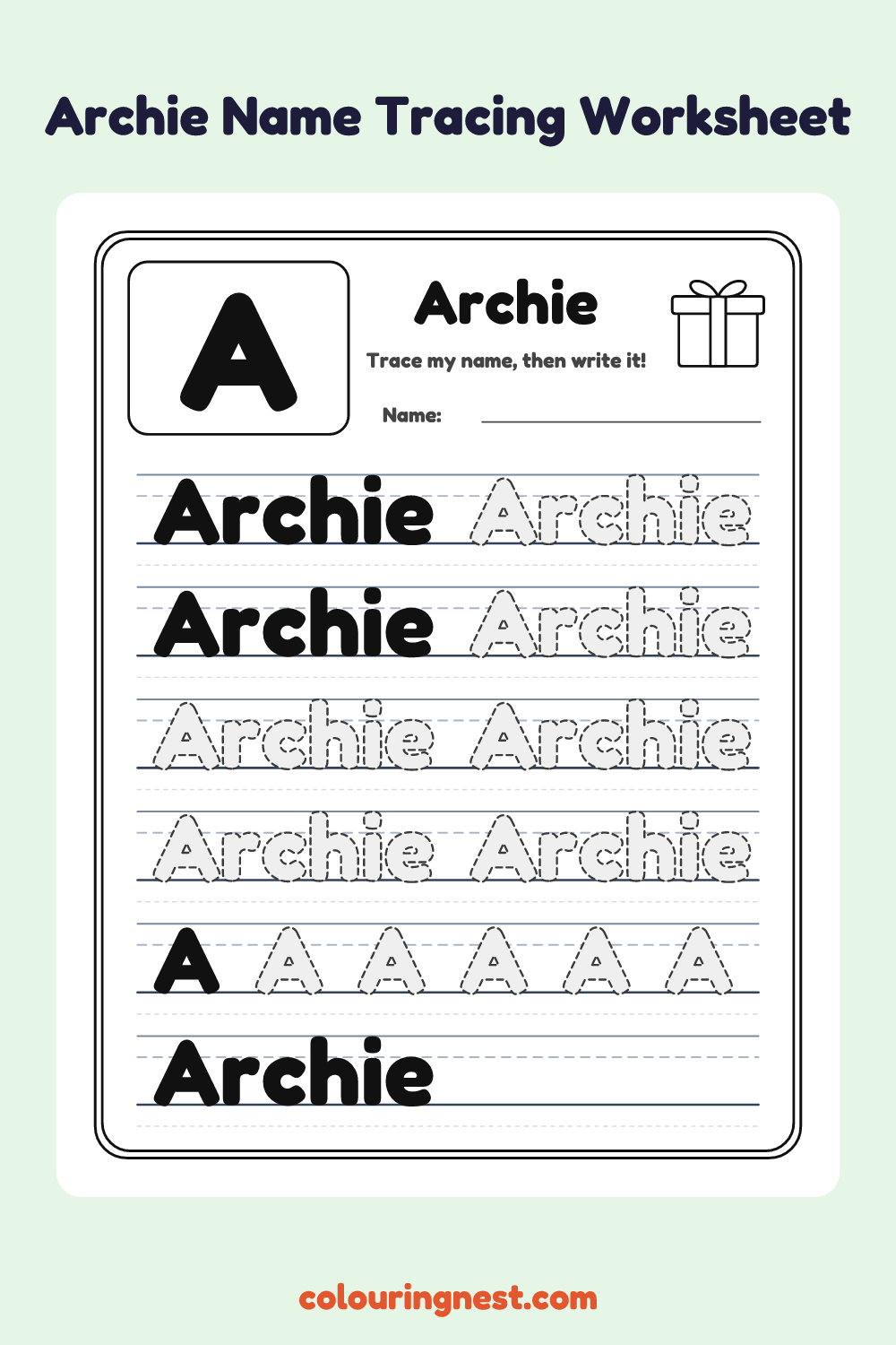 Archie Name Tracing Worksheet: free printable black-and-white line art