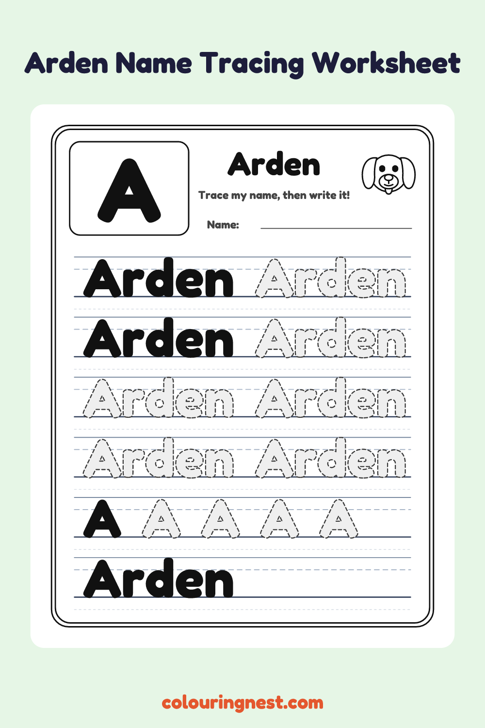 Arden Name Tracing Worksheet: free printable black-and-white line art