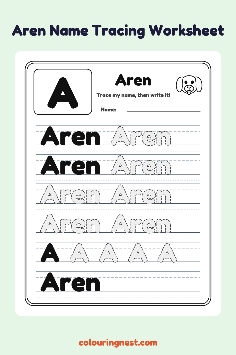 Aren Name Tracing Worksheet: free printable black-and-white line art