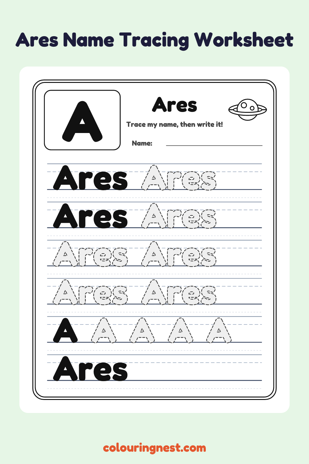 Ares Name Tracing Worksheet: free printable black-and-white line art