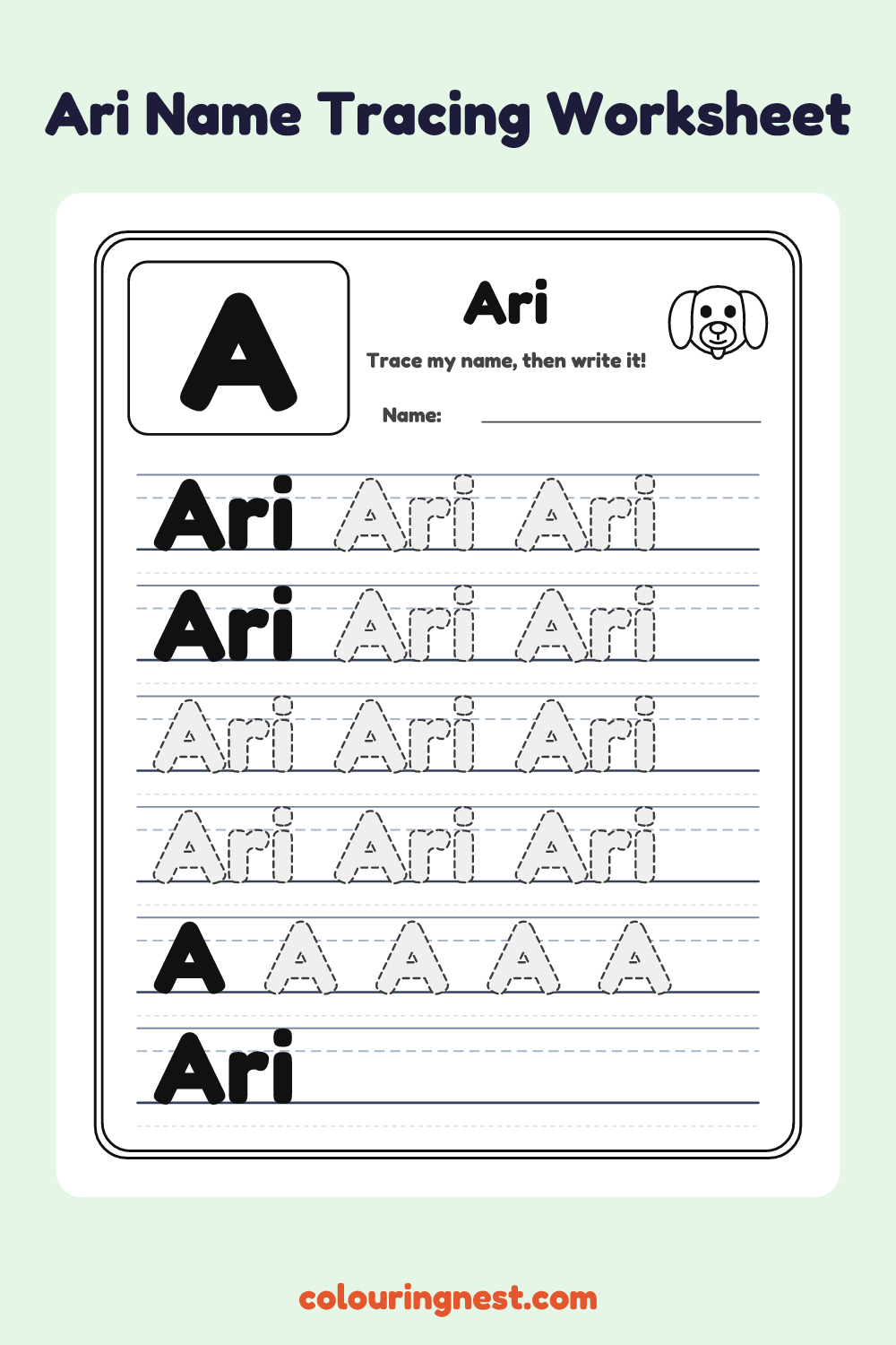 Ari Name Tracing Worksheet: free printable black-and-white line art