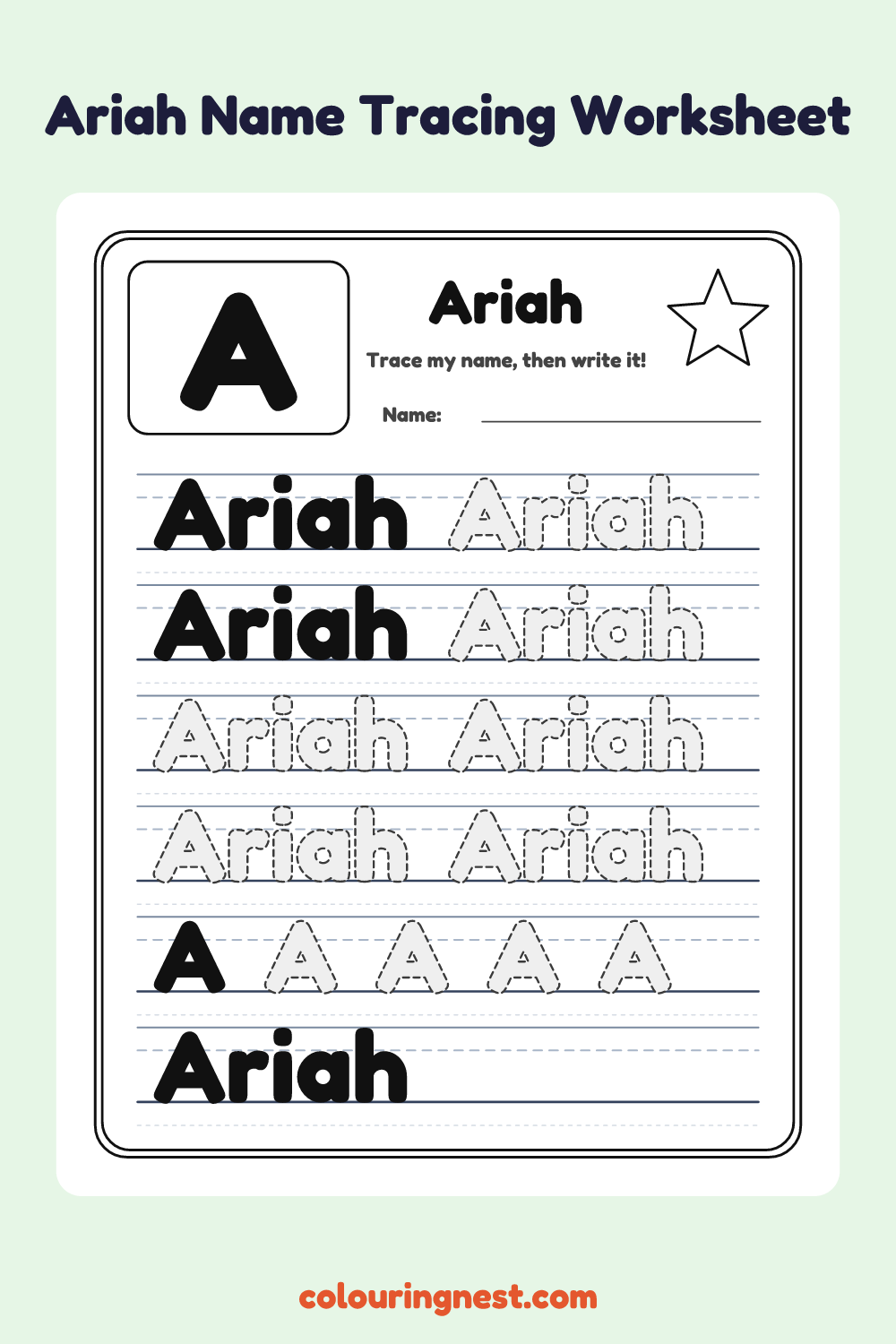 Ariah Name Tracing Worksheet: free printable black-and-white line art