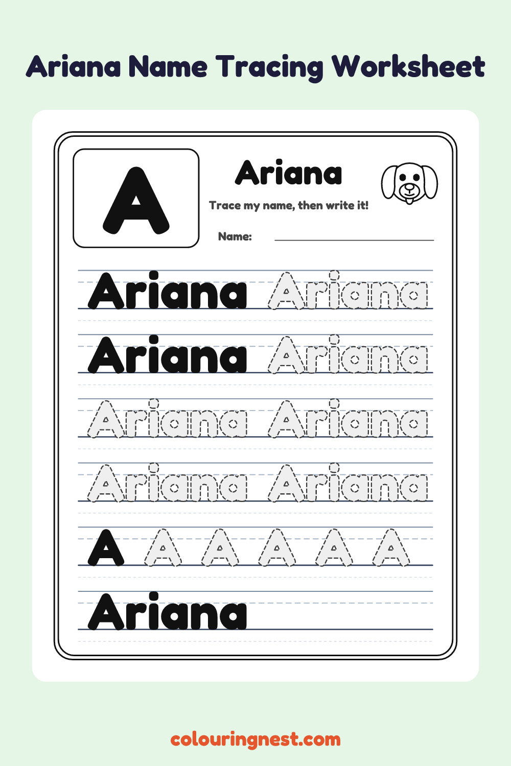 Ariana Name Tracing Worksheet: free printable black-and-white line art