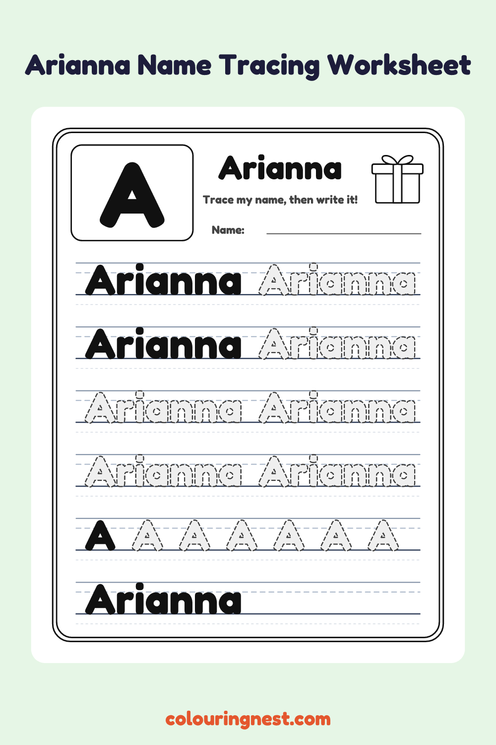 Arianna Name Tracing Worksheet: free printable black-and-white line art