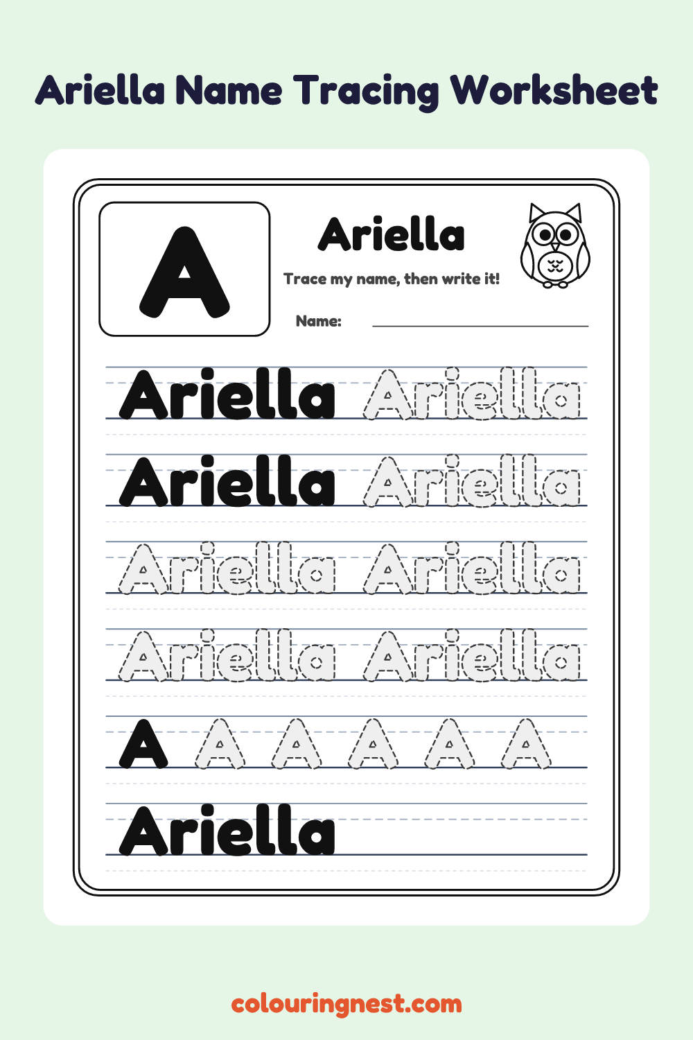 Ariella Name Tracing Worksheet: free printable black-and-white line art