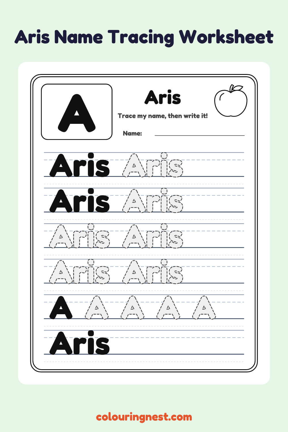 Aris Name Tracing Worksheet: free printable black-and-white line art