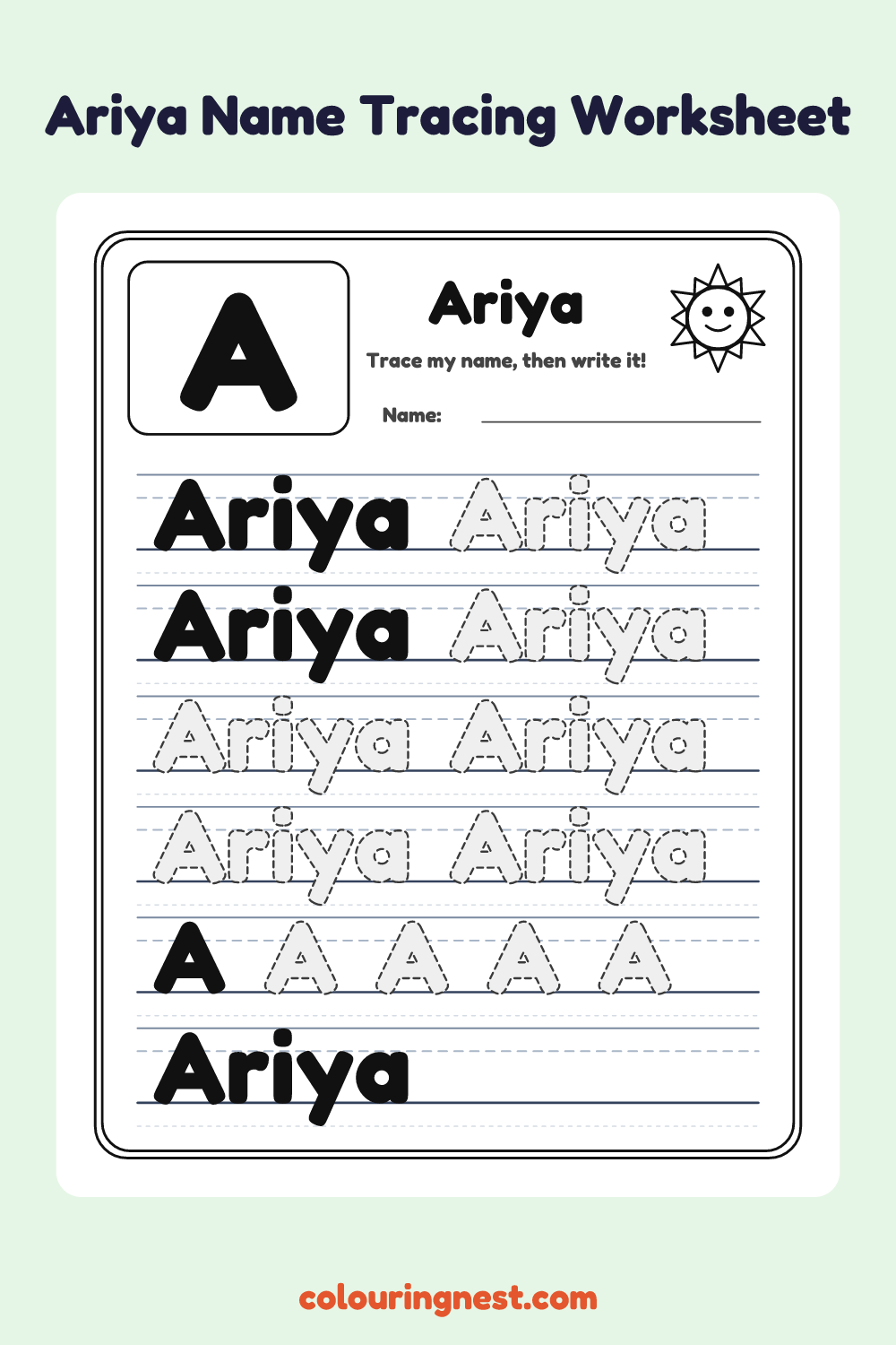 Ariya Name Tracing Worksheet: free printable black-and-white line art