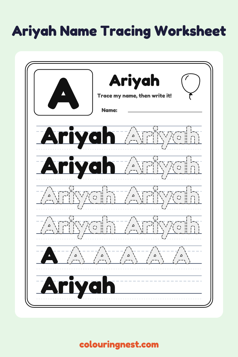 Ariyah Name Tracing Worksheet: free printable black-and-white line art