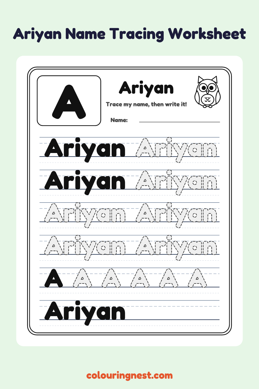 Ariyan Name Tracing Worksheet: free printable black-and-white line art