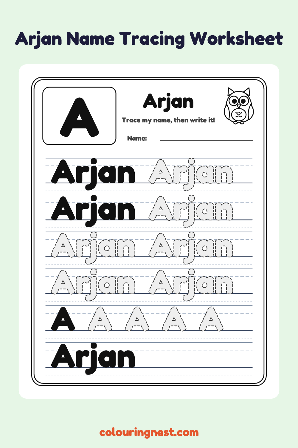 Arjan Name Tracing Worksheet: free printable black-and-white line art