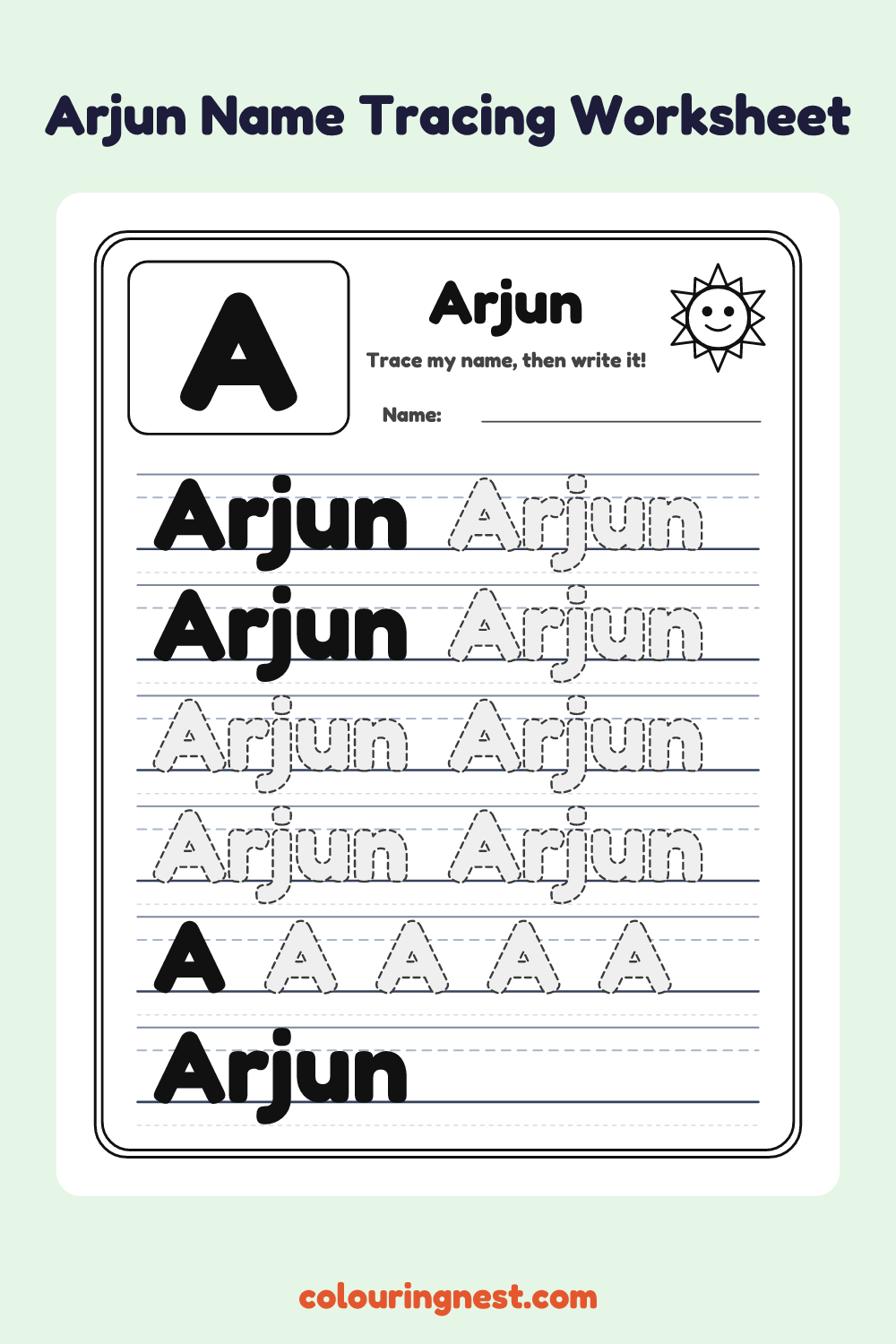 Arjun Name Tracing Worksheet: free printable black-and-white line art