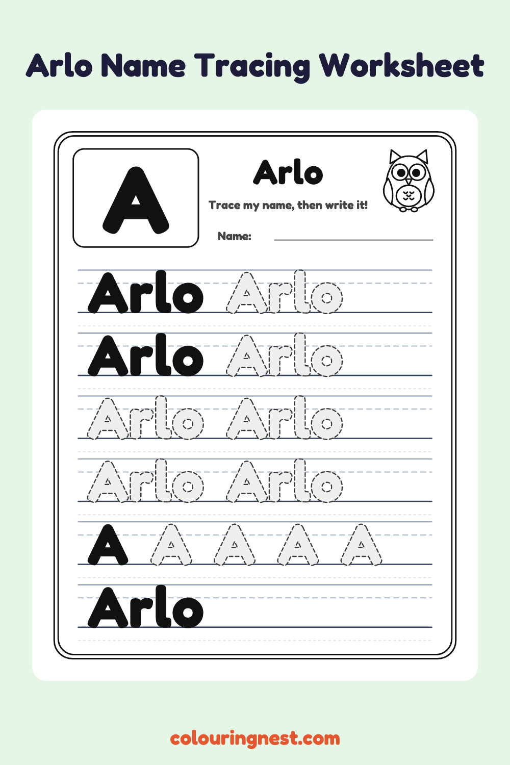 Arlo Name Tracing Worksheet: free printable black-and-white line art