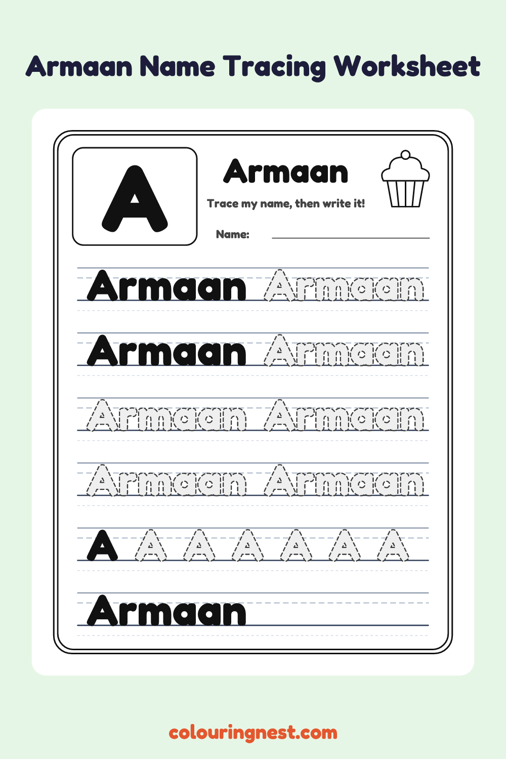 Armaan Name Tracing Worksheet: free printable black-and-white line art
