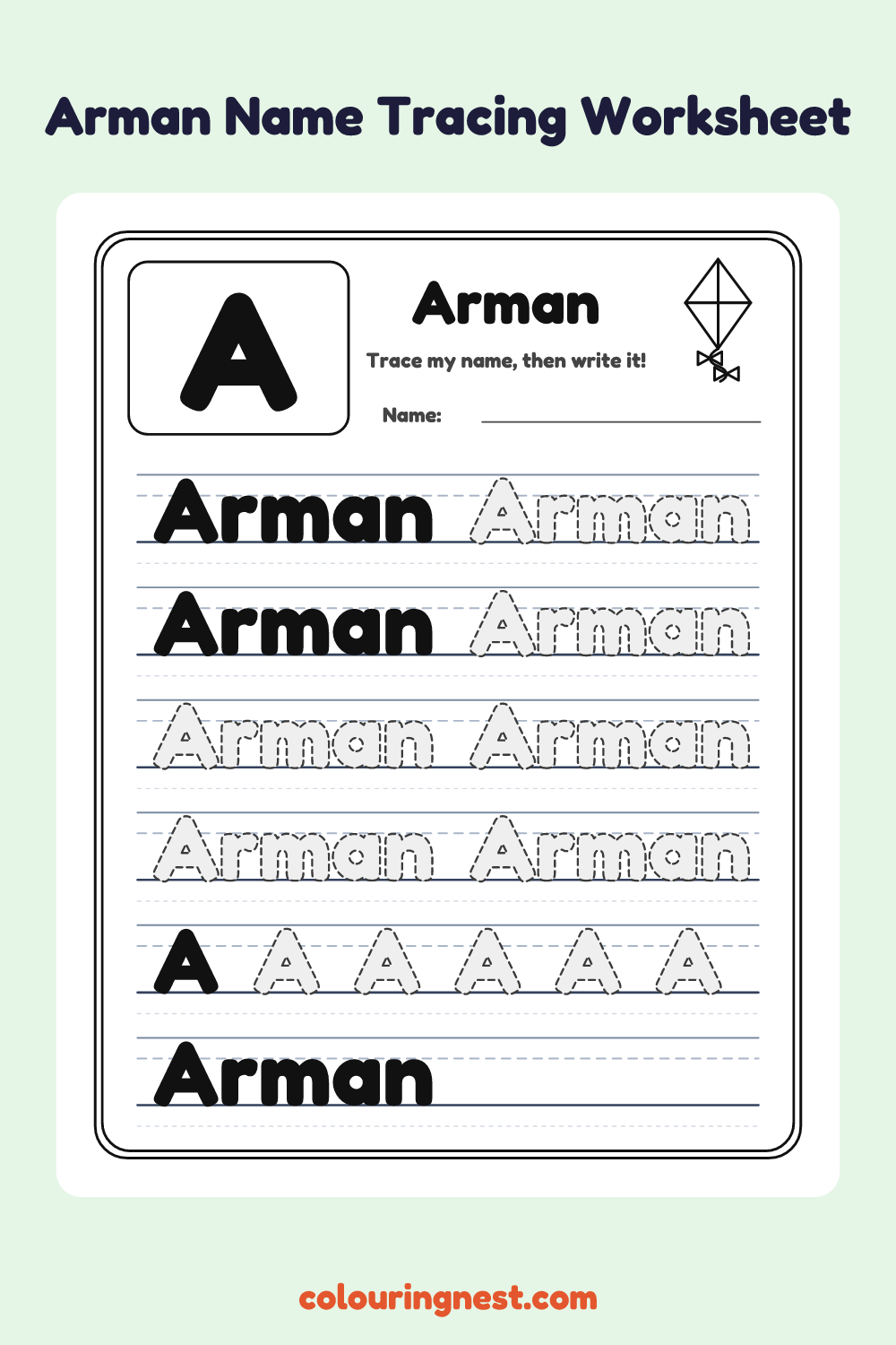 Arman Name Tracing Worksheet: free printable black-and-white line art