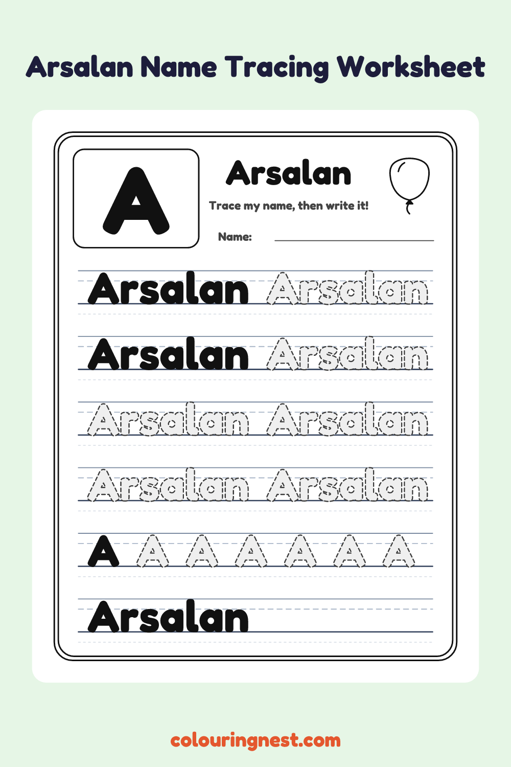 Arsalan Name Tracing Worksheet: free printable black-and-white line art