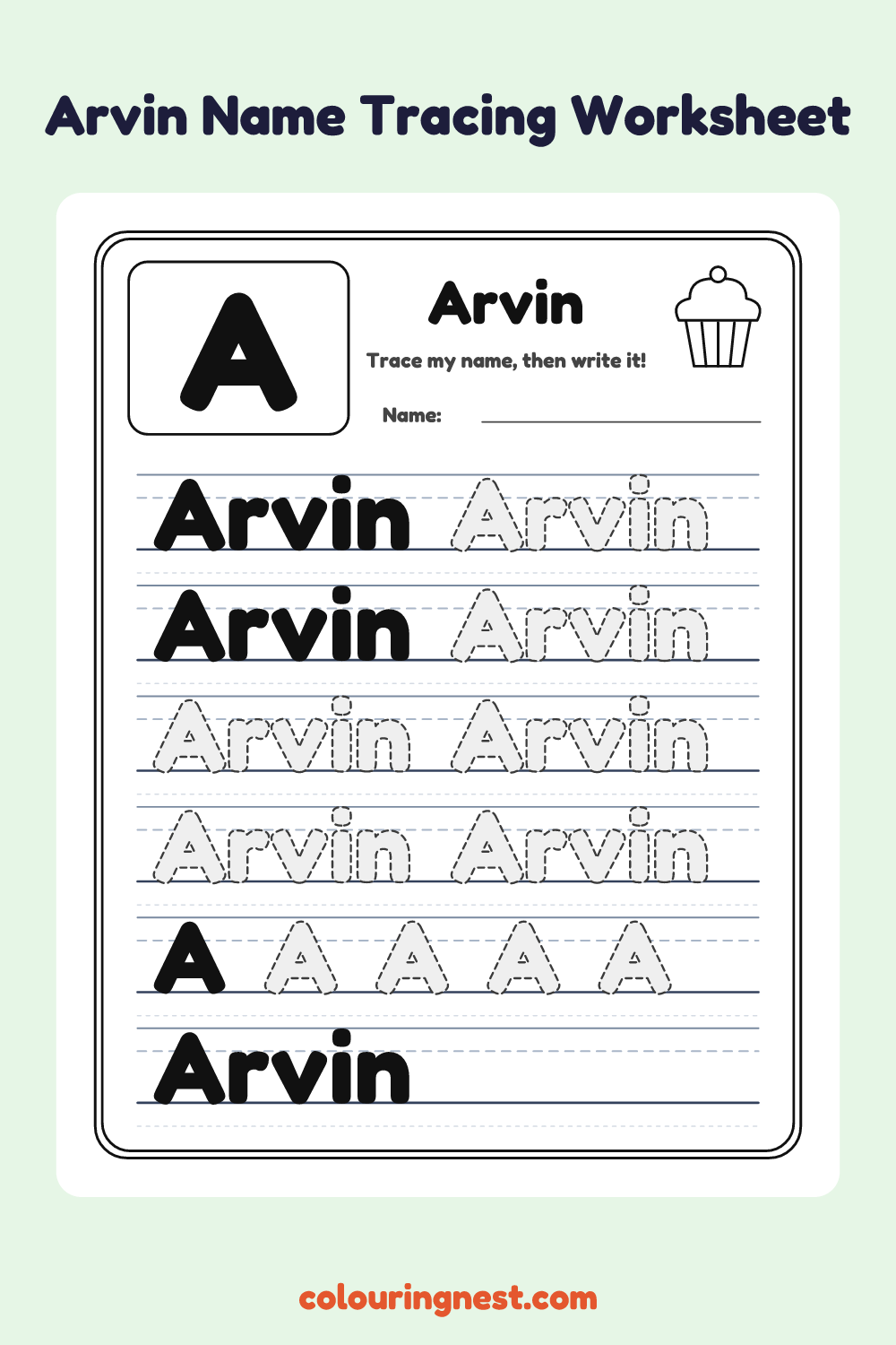 Arvin Name Tracing Worksheet: free printable black-and-white line art