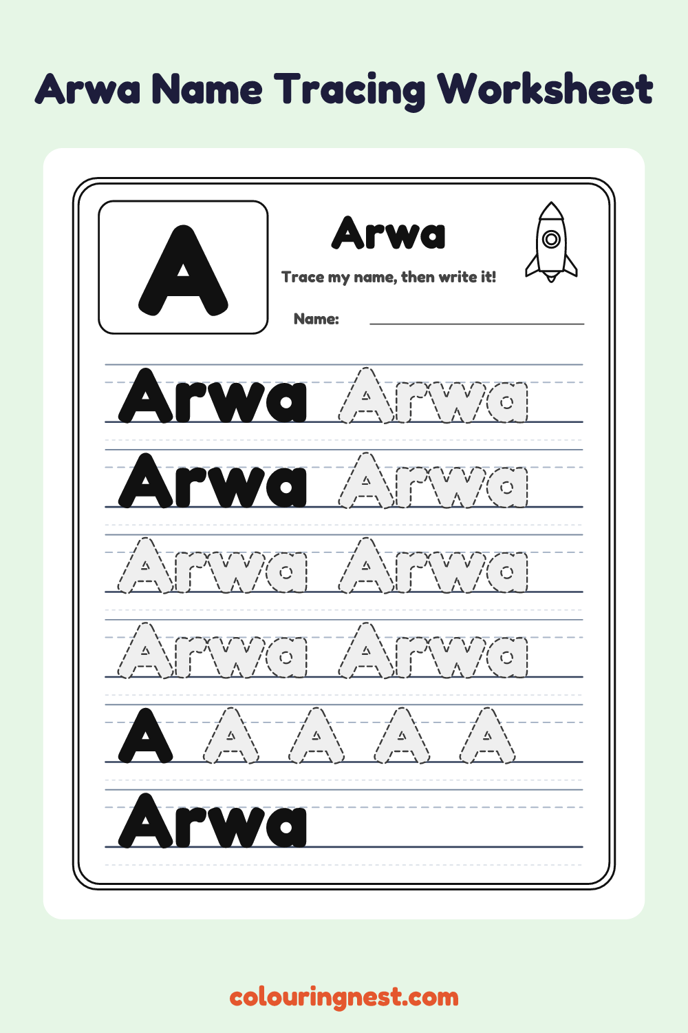 Arwa Name Tracing Worksheet: free printable black-and-white line art