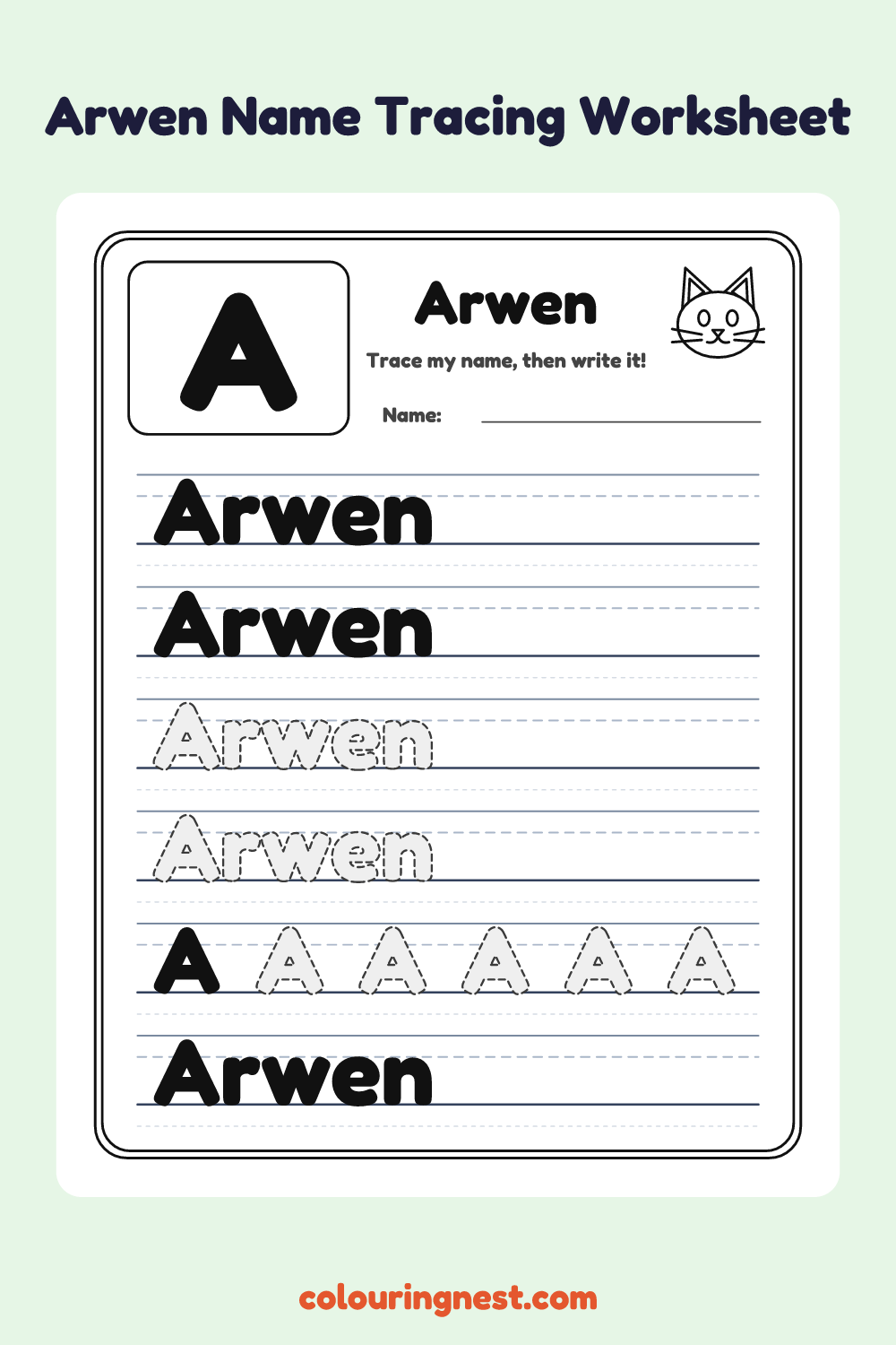 Arwen Name Tracing Worksheet: free printable black-and-white line art