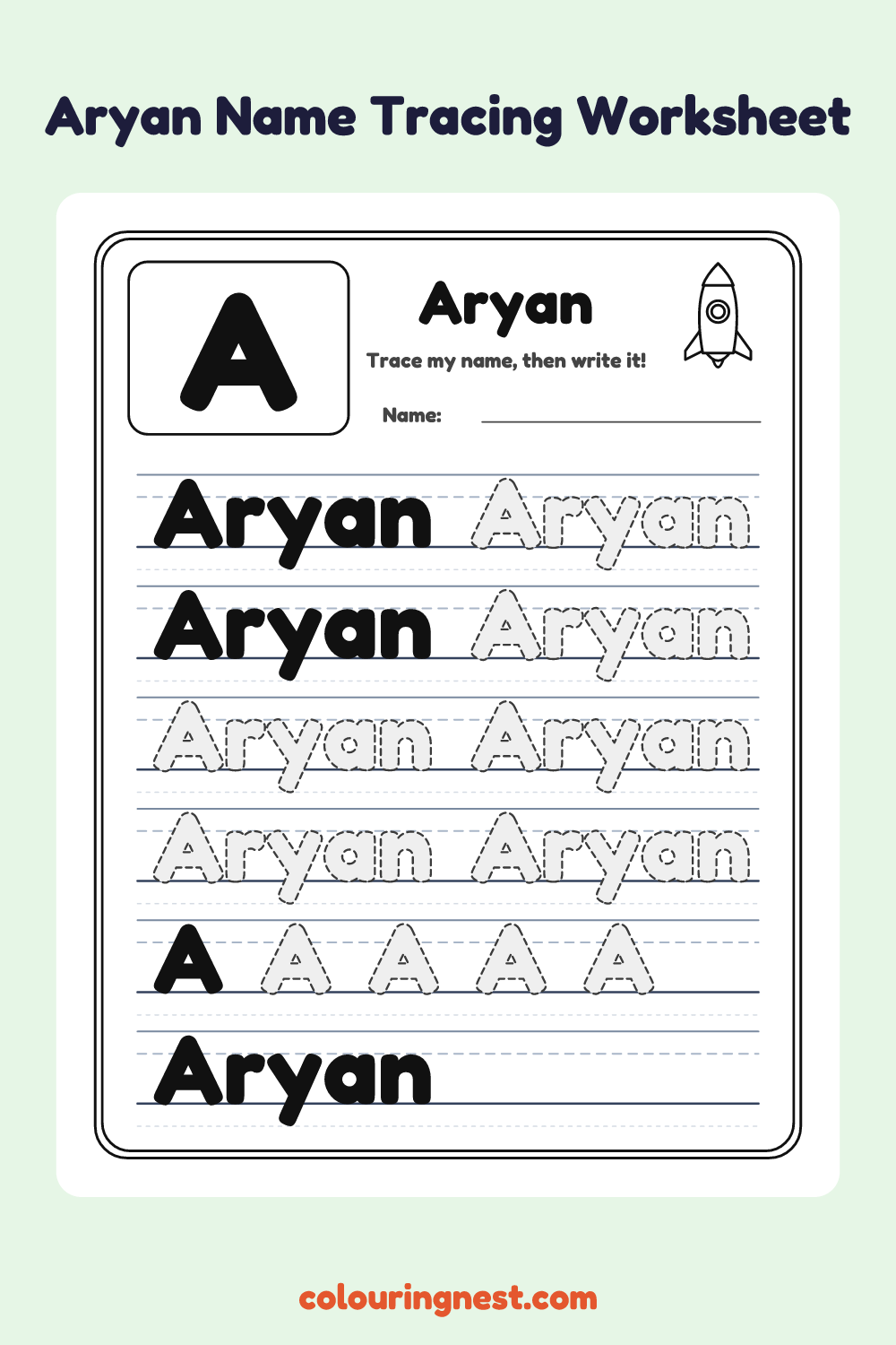 Aryan Name Tracing Worksheet: free printable black-and-white line art