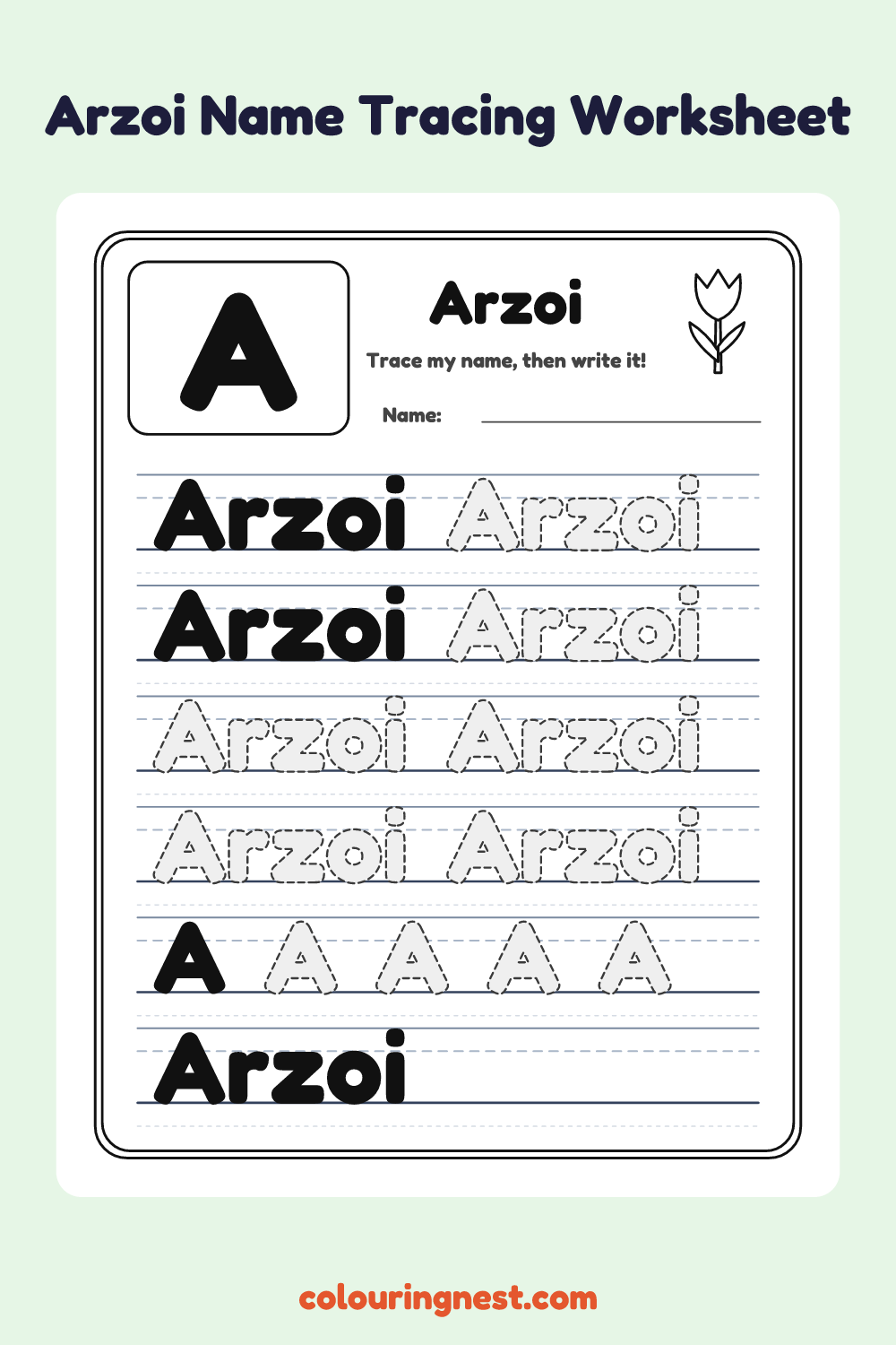 Arzoi Name Tracing Worksheet: free printable black-and-white line art