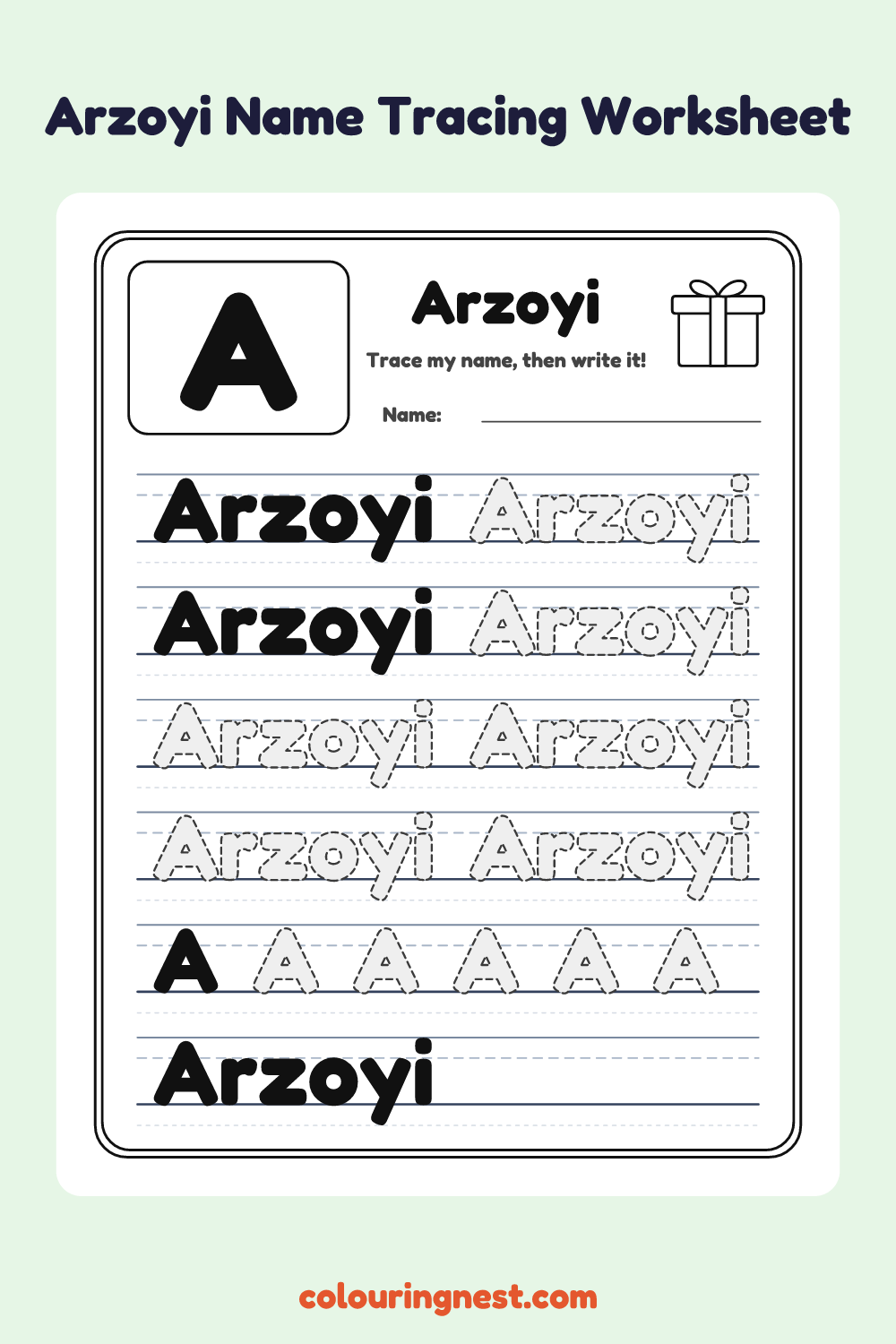 Arzoyi Name Tracing Worksheet: free printable black-and-white line art