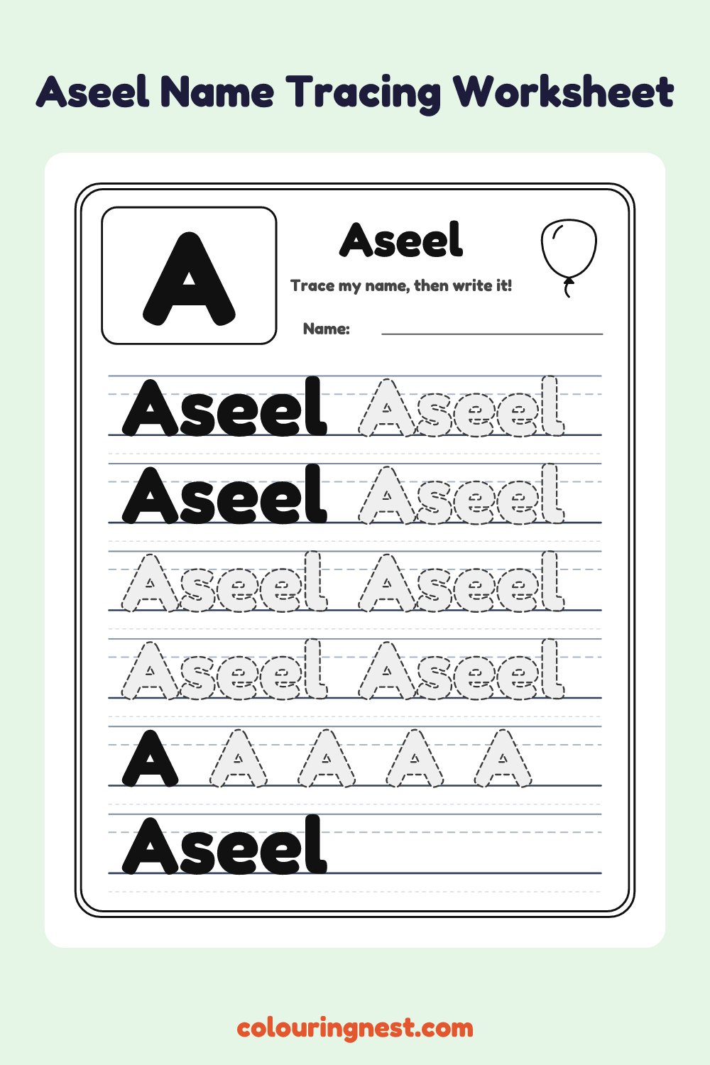 Aseel Name Tracing Worksheet: free printable black-and-white line art