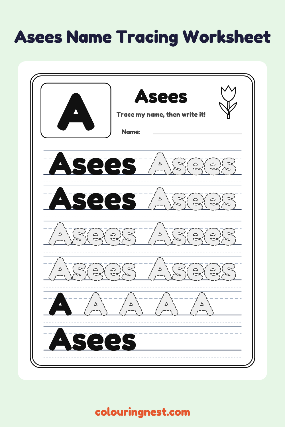 Asees Name Tracing Worksheet: free printable black-and-white line art