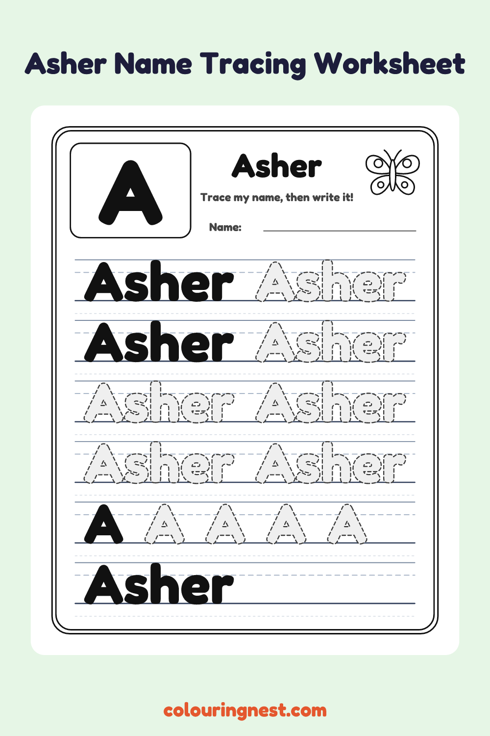 Asher Name Tracing Worksheet: free printable black-and-white line art