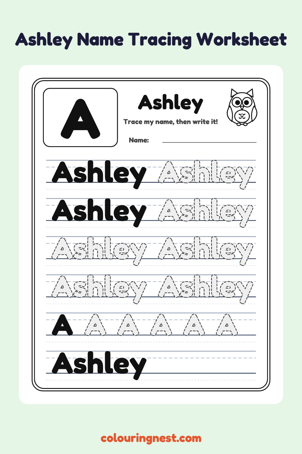 Ashley Name Tracing Worksheet: free printable black-and-white line art
