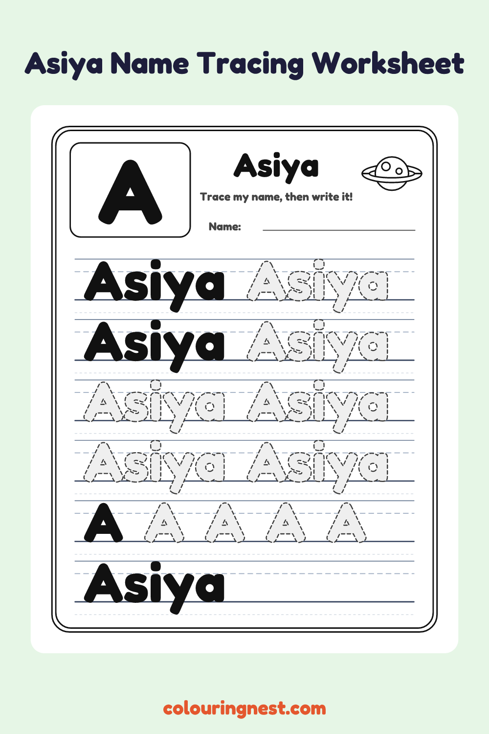 Asiya Name Tracing Worksheet: free printable black-and-white line art