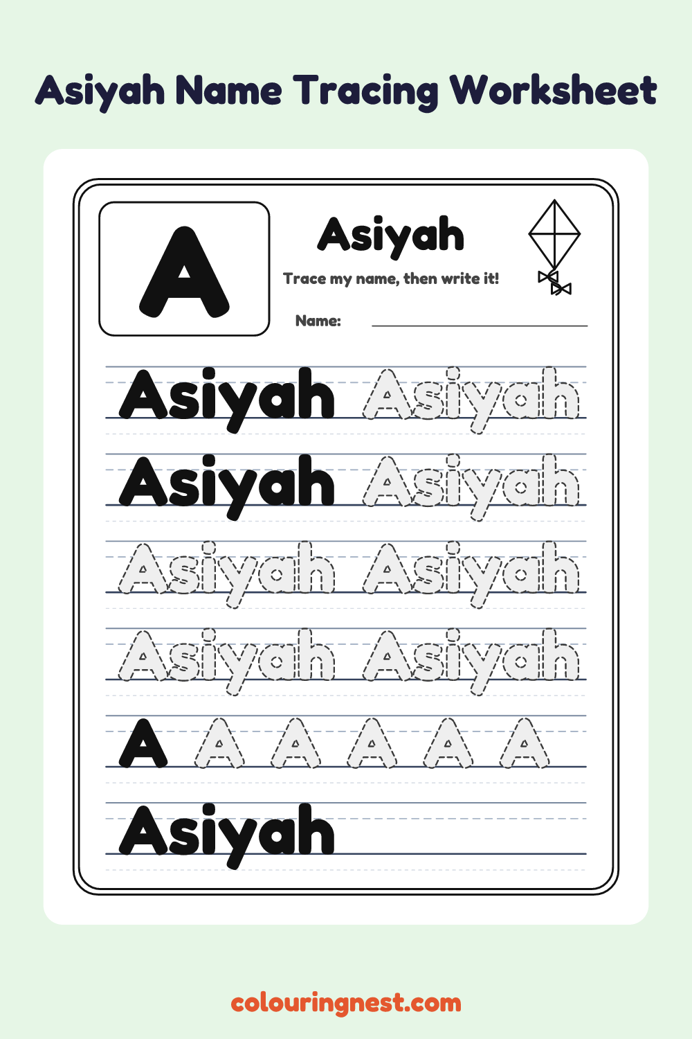 Asiyah Name Tracing Worksheet: free printable black-and-white line art
