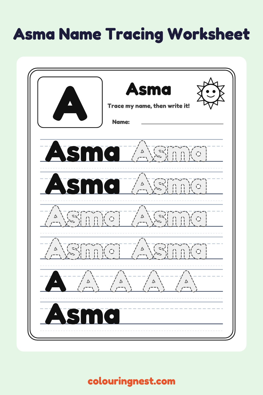 Asma Name Tracing Worksheet: free printable black-and-white line art