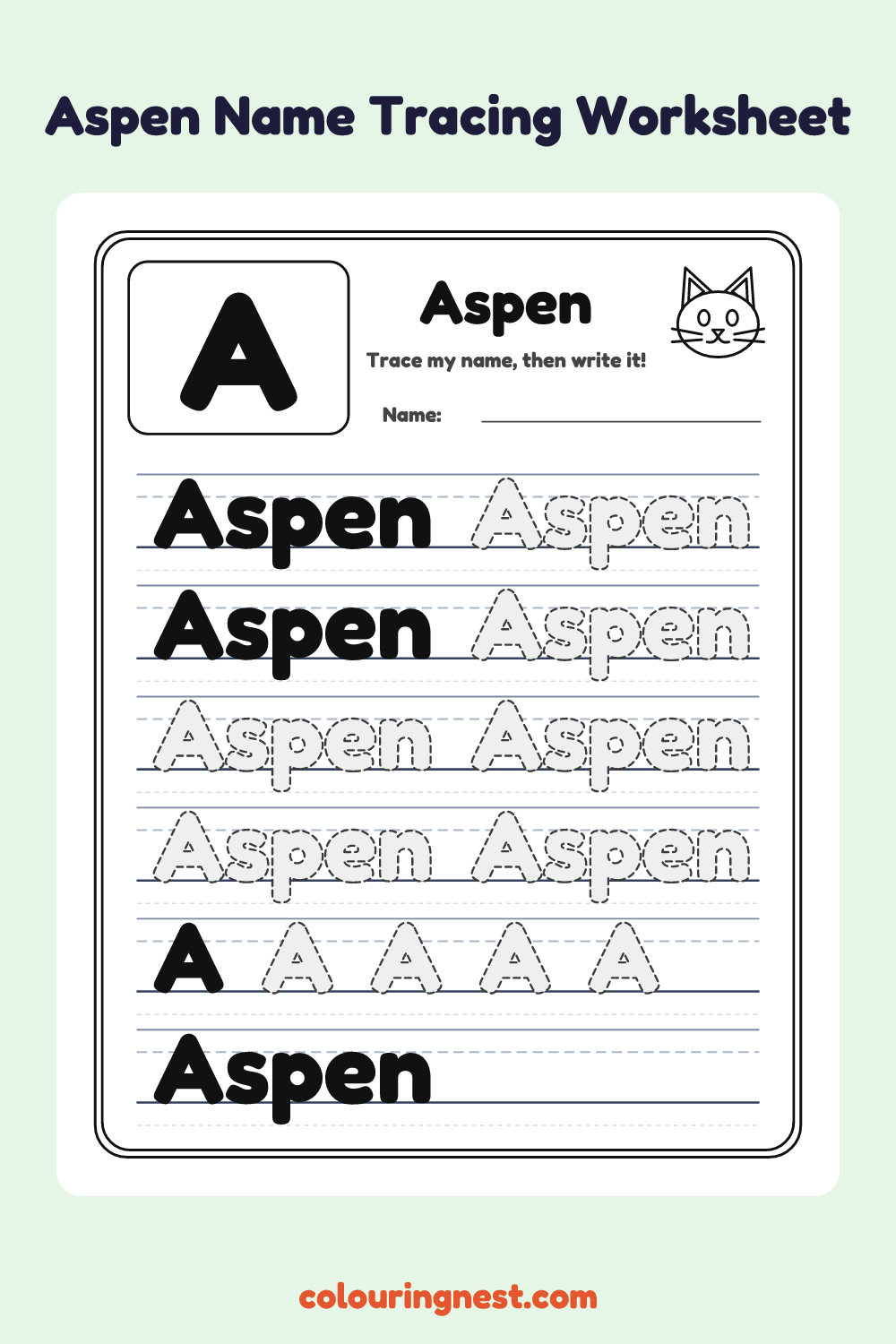 Aspen Name Tracing Worksheet: free printable black-and-white line art