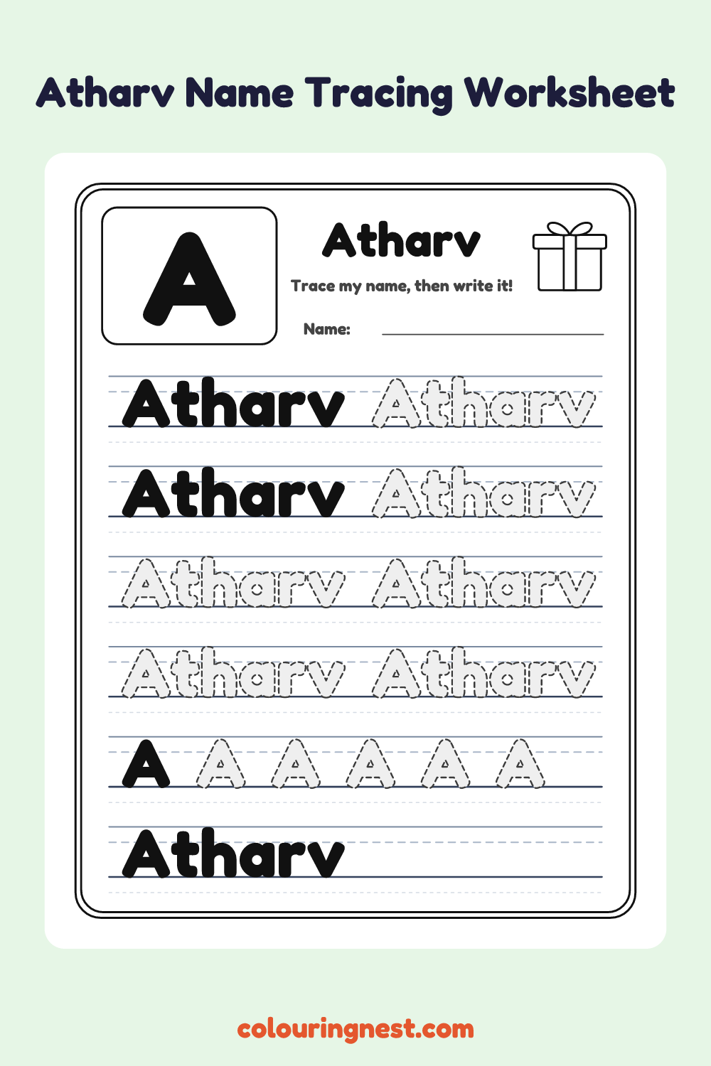 Atharv Name Tracing Worksheet: free printable black-and-white line art