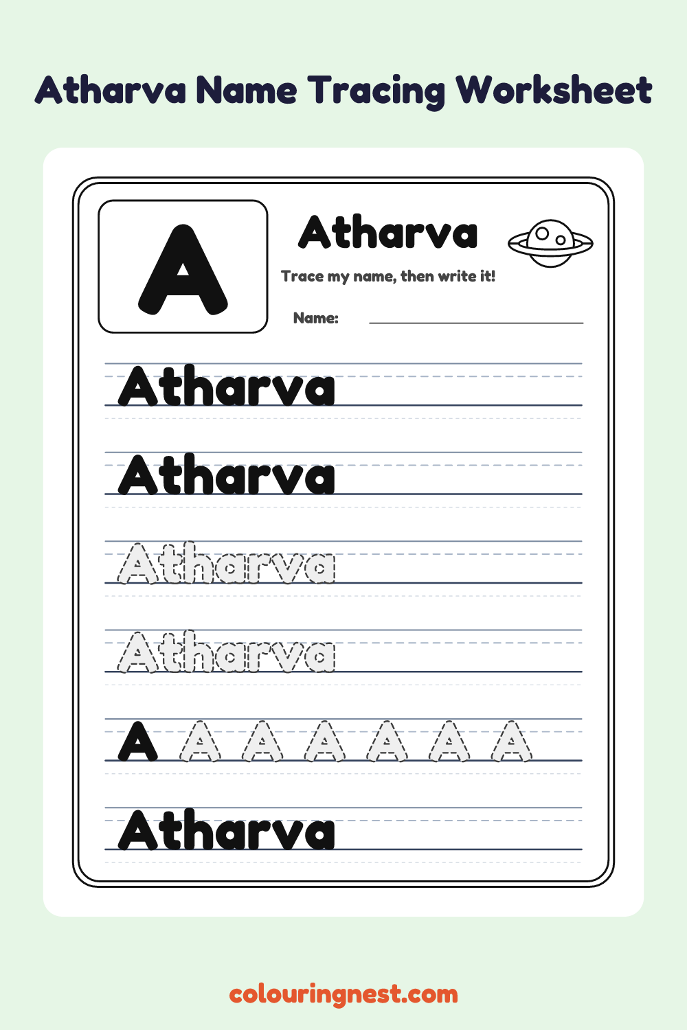Atharva Name Tracing Worksheet: free printable black-and-white line art