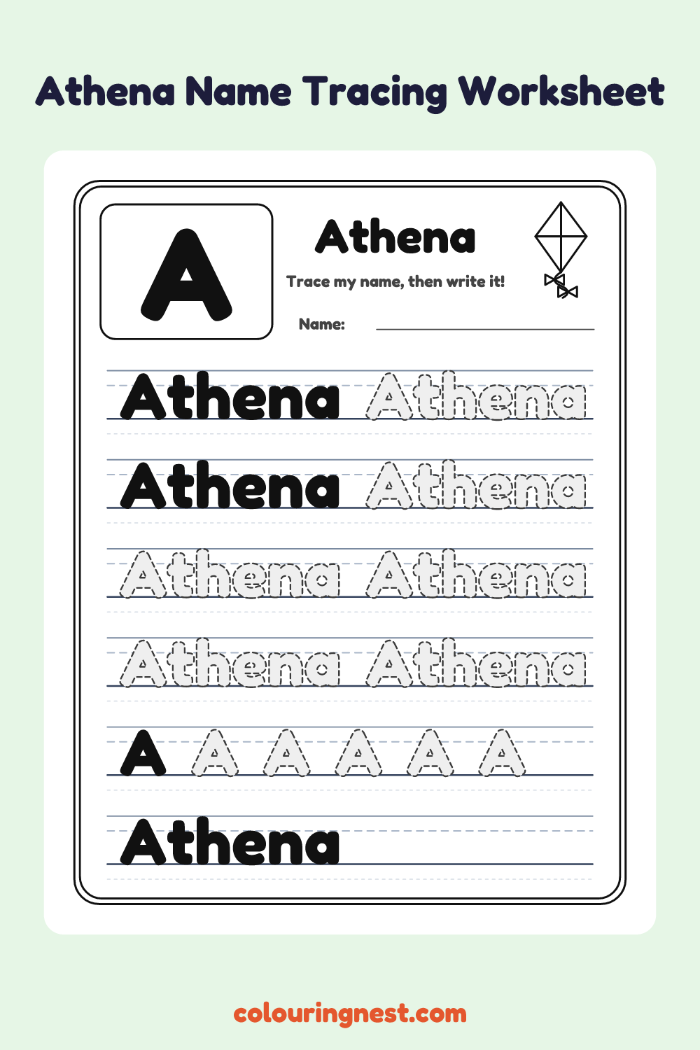 Athena Name Tracing Worksheet: free printable black-and-white line art