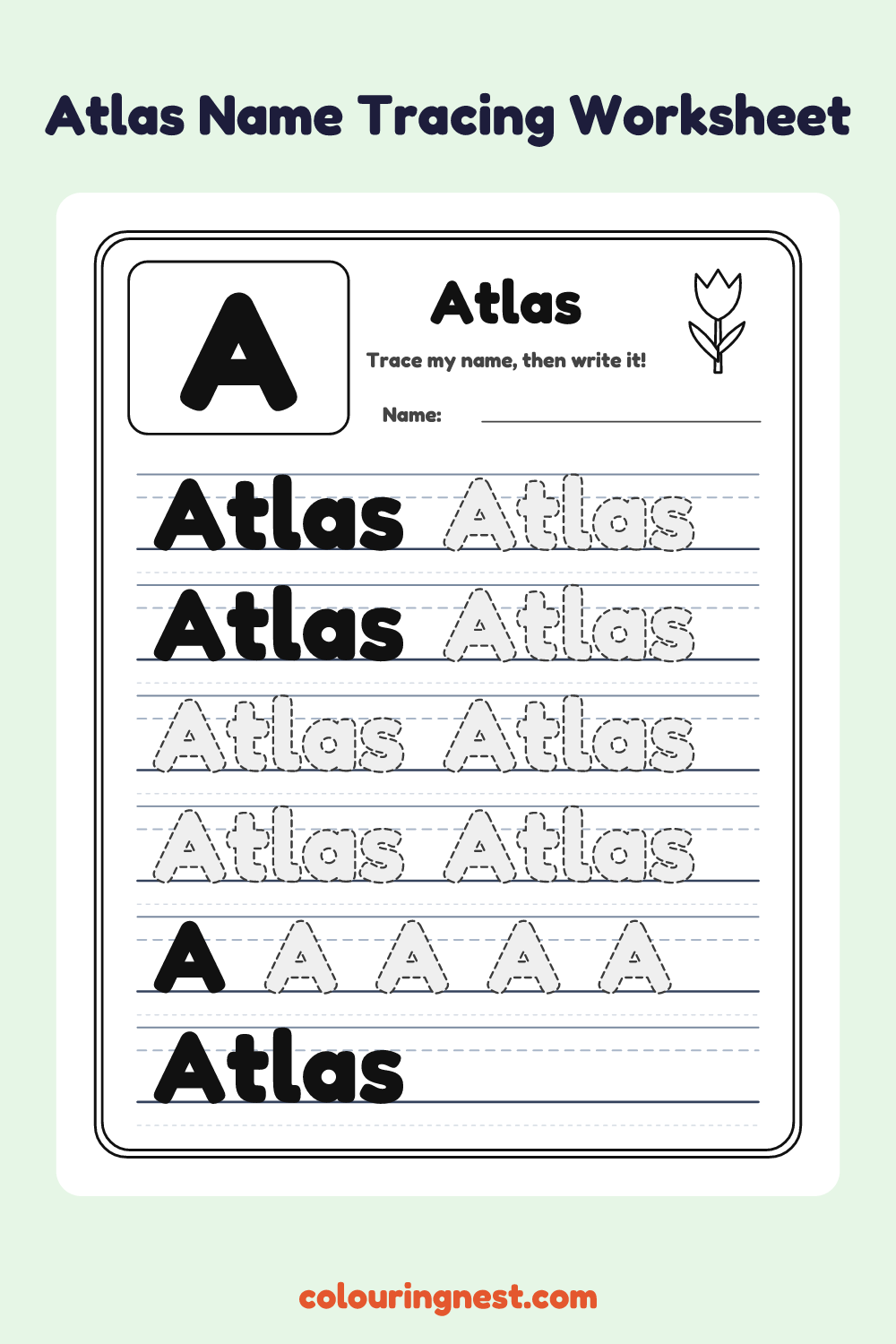 Atlas Name Tracing Worksheet: free printable black-and-white line art