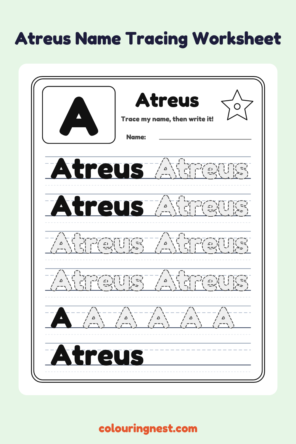 Atreus Name Tracing Worksheet: free printable black-and-white line art