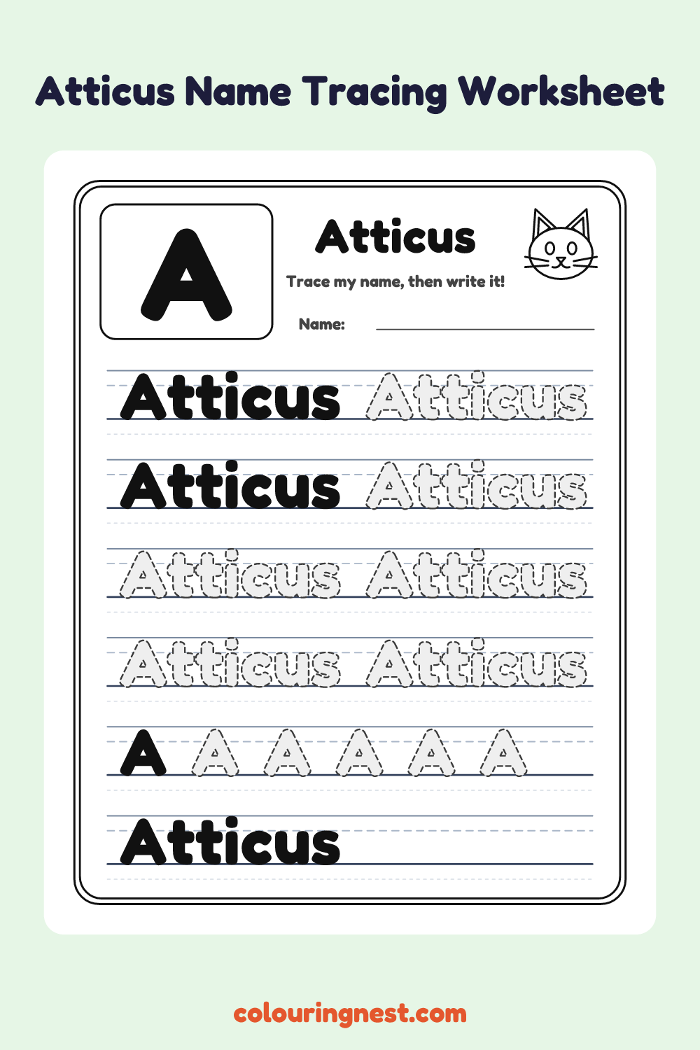 Atticus Name Tracing Worksheet: free printable black-and-white line art