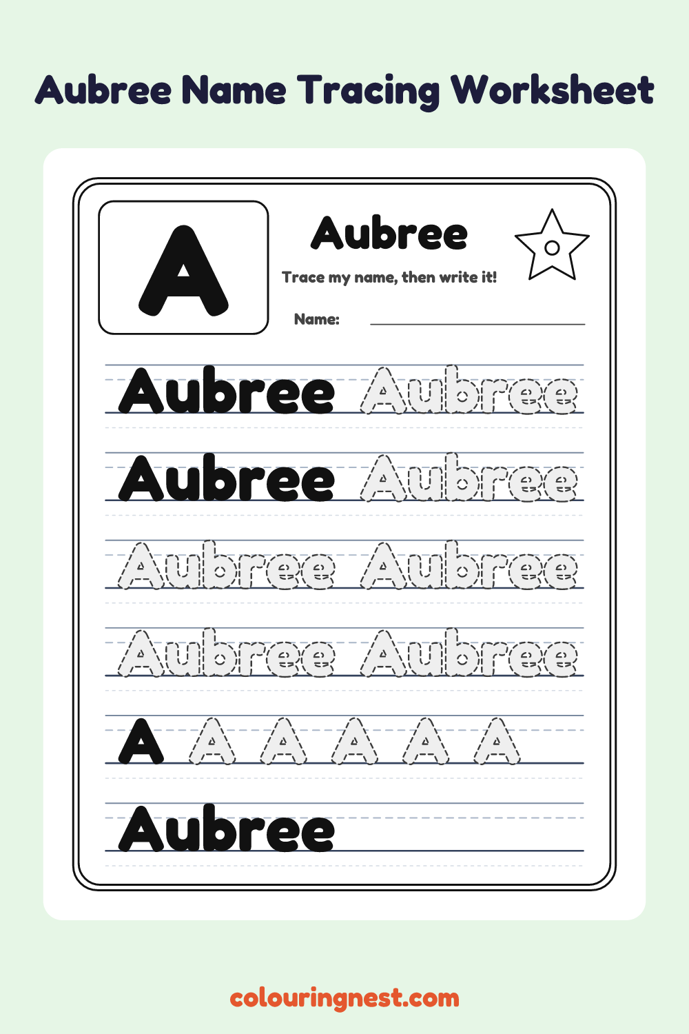 Aubree Name Tracing Worksheet: free printable black-and-white line art