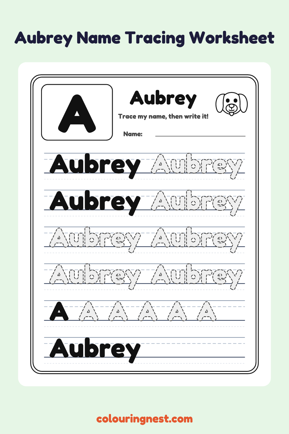 Aubrey Name Tracing Worksheet: free printable black-and-white line art